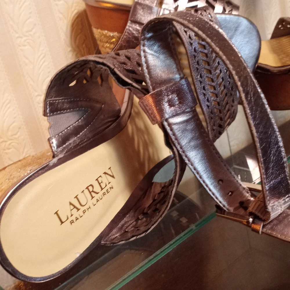 Lauren Ralph Lauren Georgina Espadrille Gold Wedge Leather Sandals Size 8.5 - Picture 6 of 12